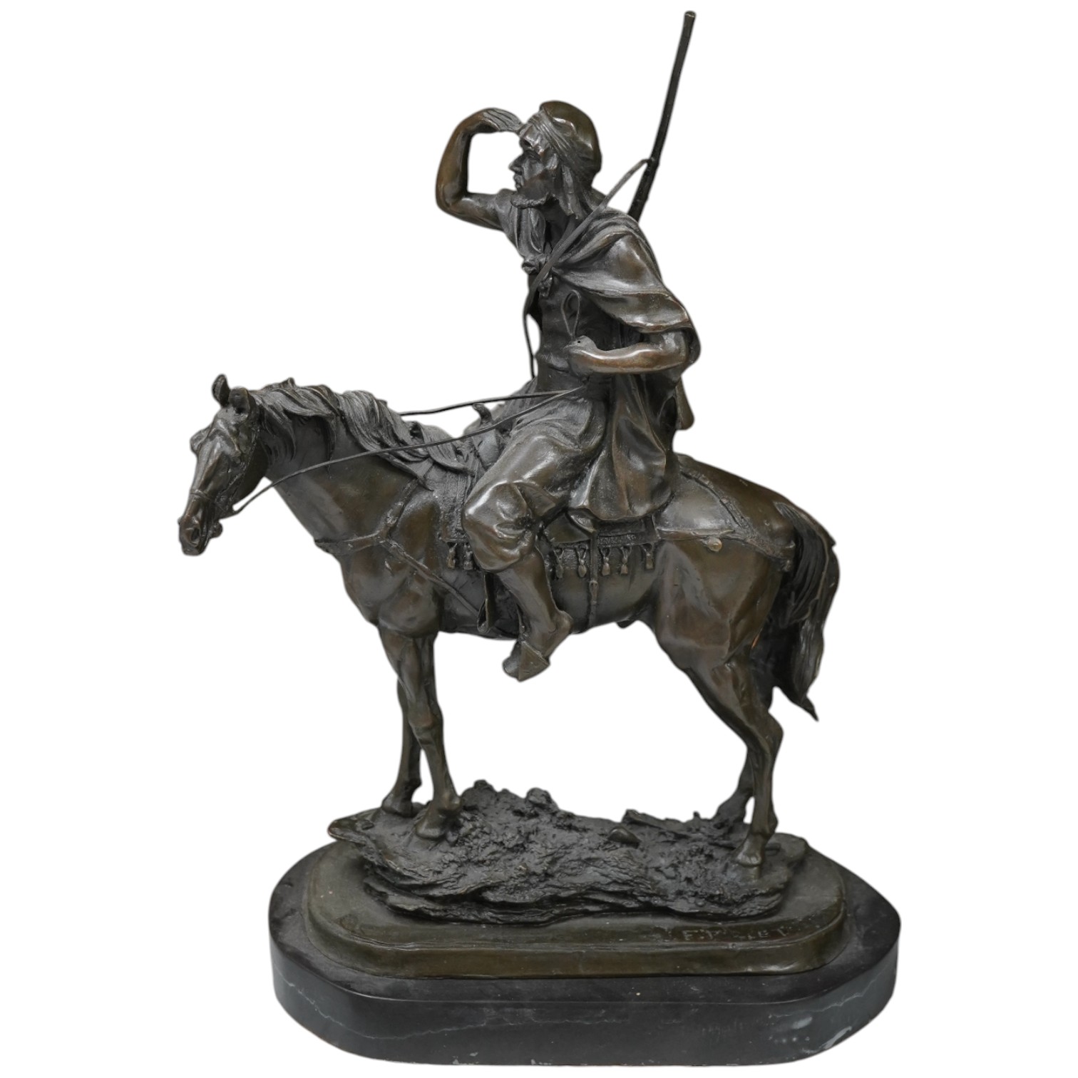 After Paillet (French, 19th. C), bronze model of an Arab on horseback, 40cm high